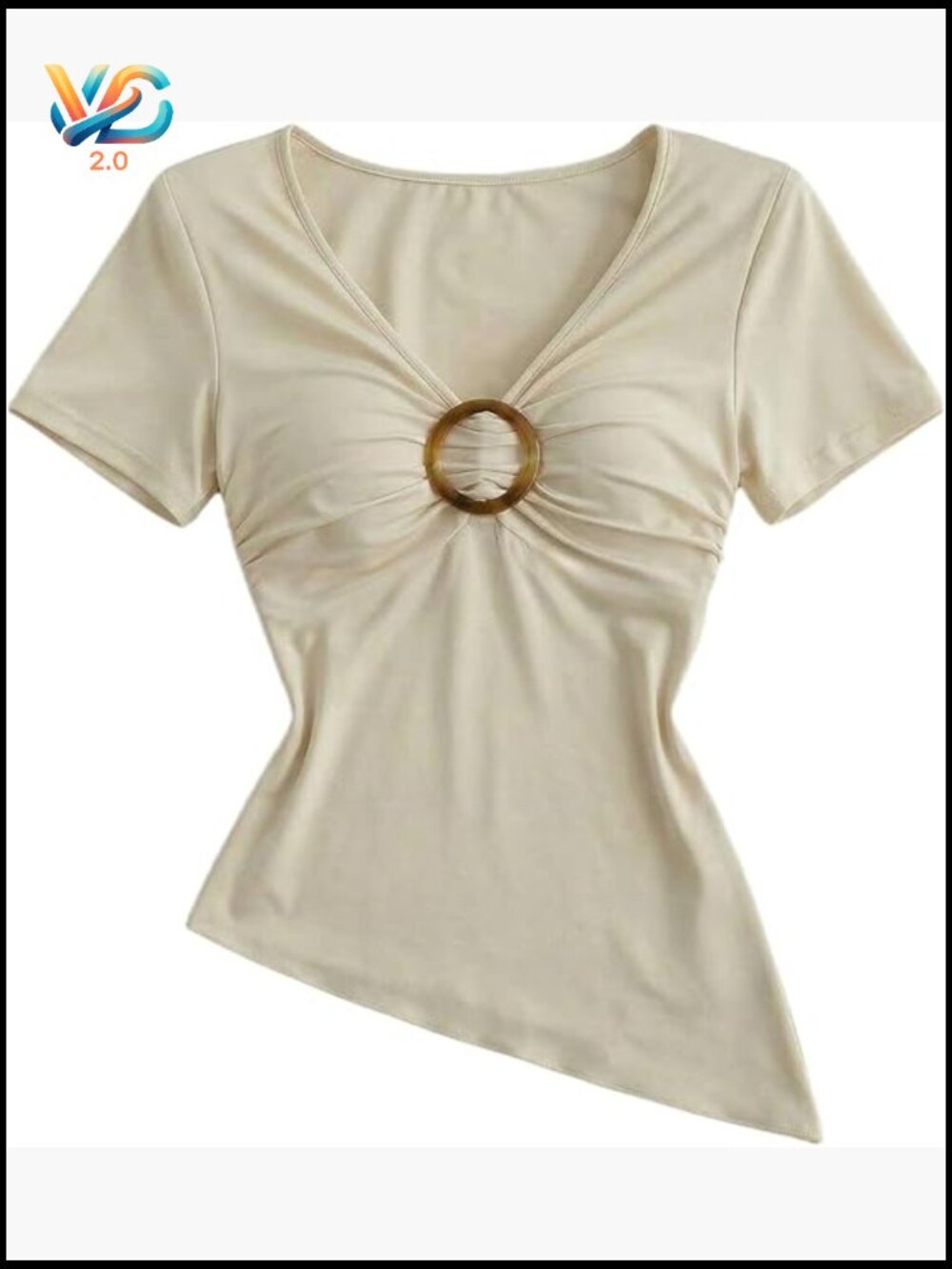 Asymmetrical V-Neck Crop Top Ruched Bust Y2K Summer Basic Tee